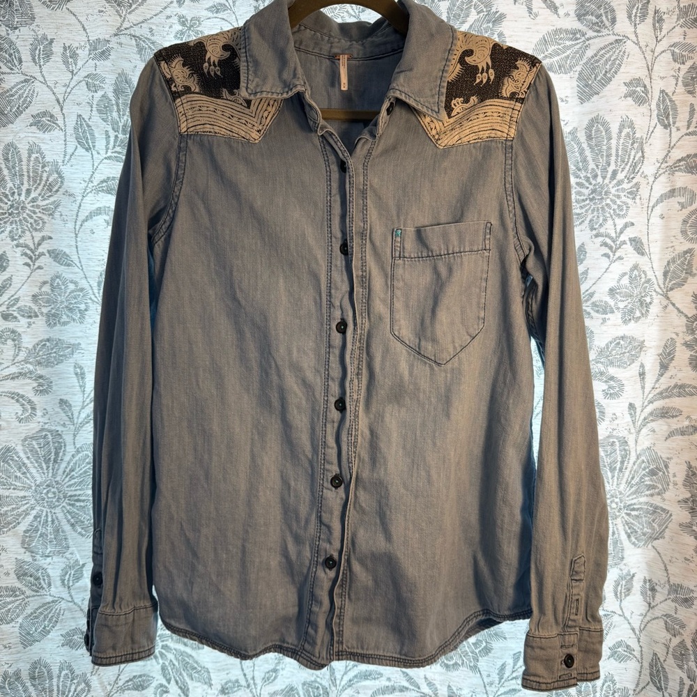Free People Light Blue Denim Top